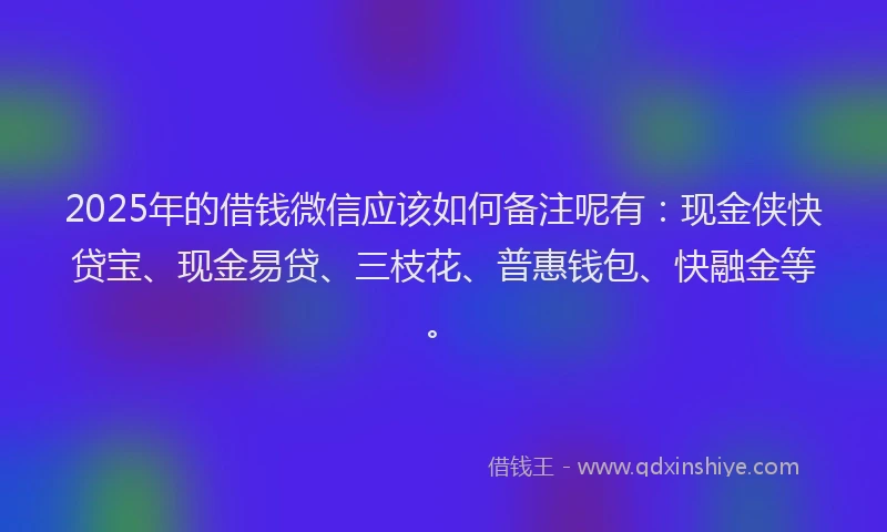 2025年的借钱微信应该如何备注呢有：现金侠快贷宝、现金易贷、三枝花、普惠钱包、快融金等。
