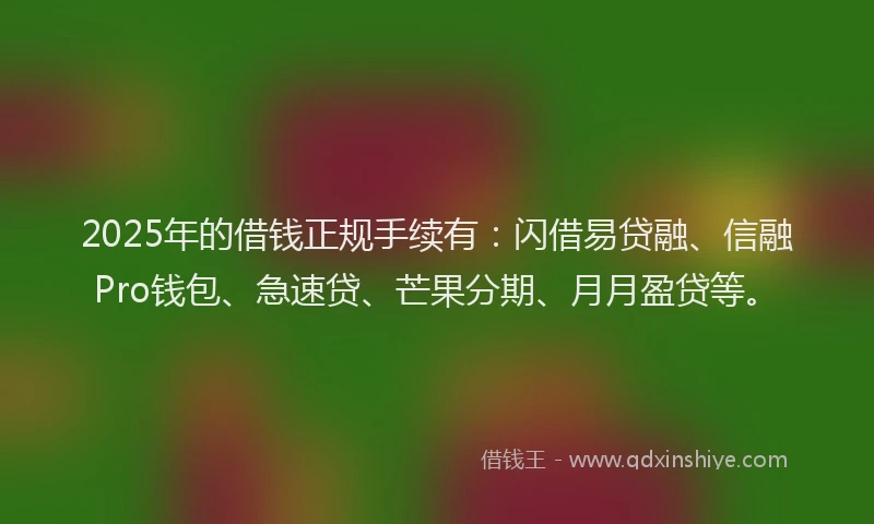 2025年的借钱正规手续有：闪借易贷融、信融Pro钱包、急速贷、芒果分期、月月盈贷等。