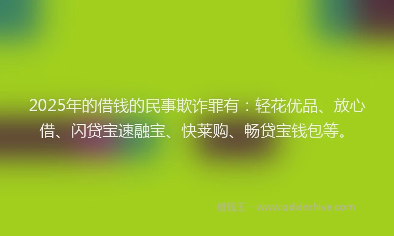 2025年的借钱的民事欺诈罪有：轻花优品、放心借、闪贷宝速融宝、快莱购、畅贷宝钱包等。