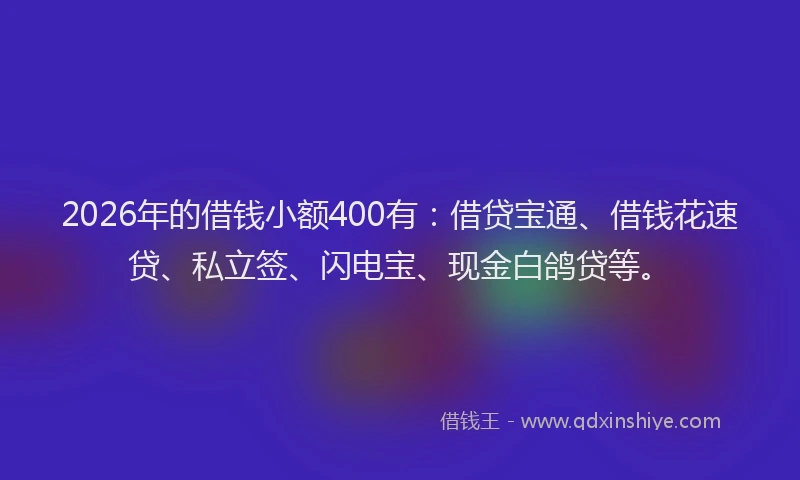 2026年的借钱小额400有：借贷宝通、借钱花速贷、私立签、闪电宝、现金白鸽贷等。