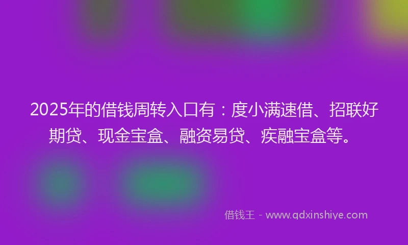 2025年的借钱周转入口有：度小满速借、招联好期贷、现金宝盒、融资易贷、疾融宝盒等。