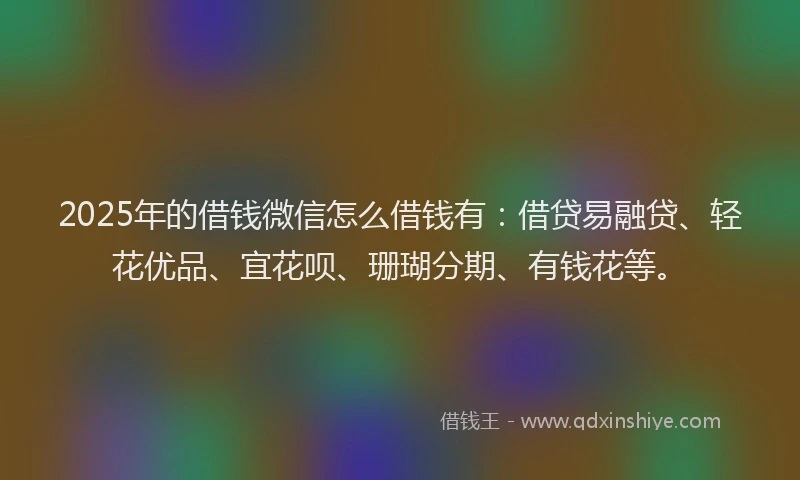 2025年的借钱微信怎么借钱有：借贷易融贷、轻花优品、宜花呗、珊瑚分期、有钱花等。
