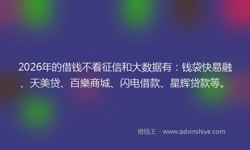 2026年的借钱不看征信和大数据有：钱袋快易融、天美贷、百樂商城、闪电借款、星辉贷款等。