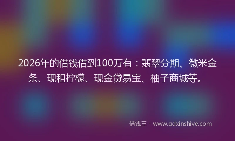 2026年的借钱借到100万有：翡翠分期、微米金条、现租柠檬、现金贷易宝、柚子商城等。