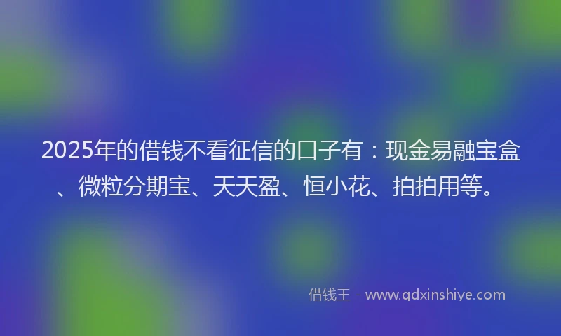 2025年的借钱不看征信的口子有：现金易融宝盒、微粒分期宝、天天盈、恒小花、拍拍用等。