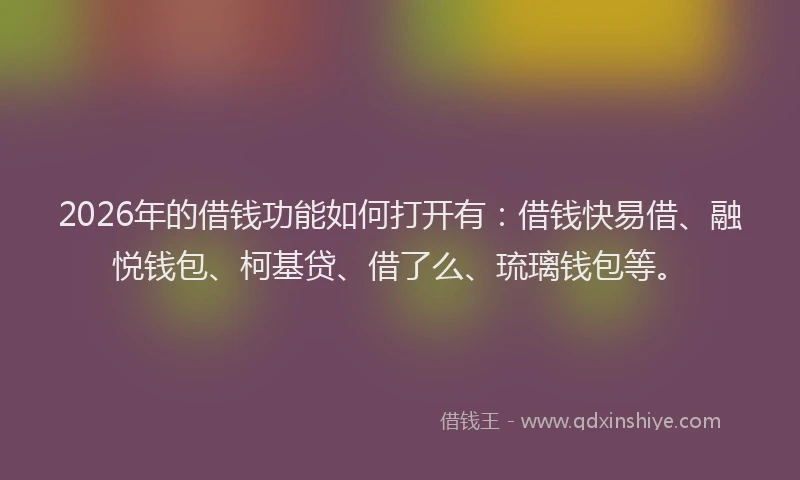 2026年的借钱功能如何打开有：借钱快易借、融悦钱包、柯基贷、借了么、琉璃钱包等。