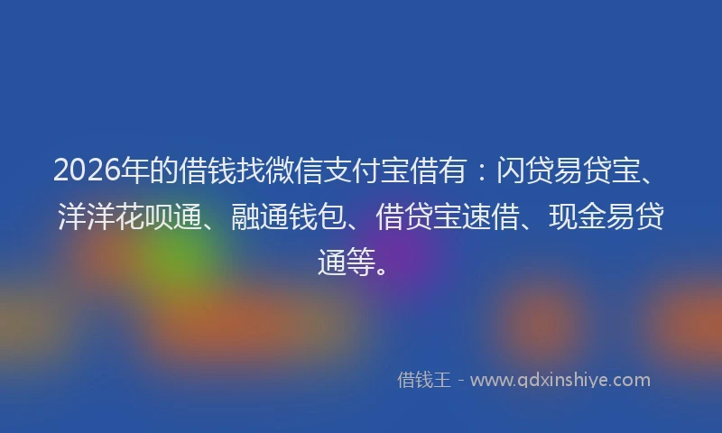2026年的借钱找微信支付宝借有:闪贷易贷宝、洋洋花呗通、融通钱包、借贷宝速借、现金易贷通等。
