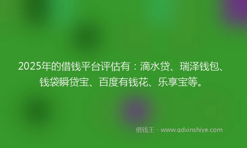 2025年的借钱平台评估有:滴水贷、瑞泽钱包、钱袋瞬贷宝、百度有钱花、乐享宝等。