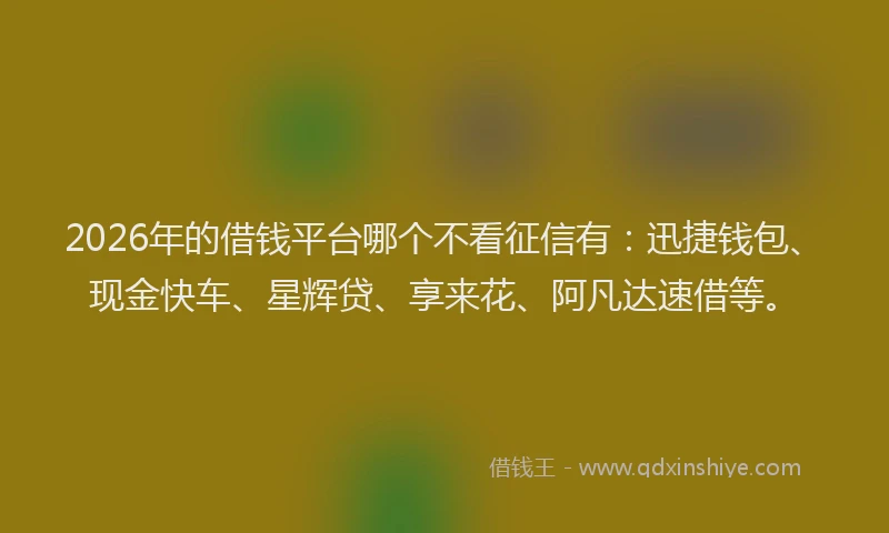 2026年的借钱平台哪个不看征信有：迅捷钱包、现金快车、星辉贷、享来花、阿凡达速借等。