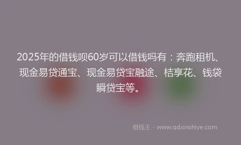 2025年的借钱呗60岁可以借钱吗有：奔跑租机、现金易贷通宝、现金易贷宝融途、桔享花、钱袋瞬贷宝等。