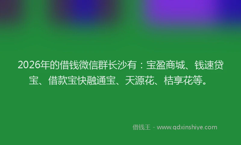2026年的借钱微信群长沙有：宝盈商城、钱速贷宝、借款宝快融通宝、天源花、桔享花等。