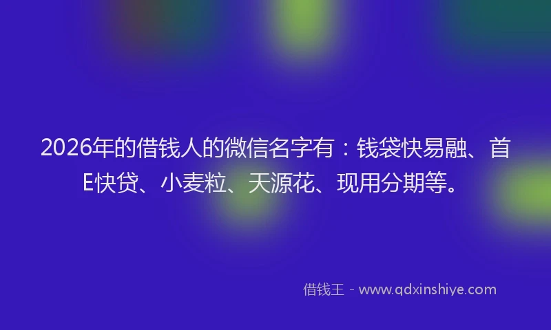 2026年的借钱人的微信名字有：钱袋快易融、首E快贷、小麦粒、天源花、现用分期等。