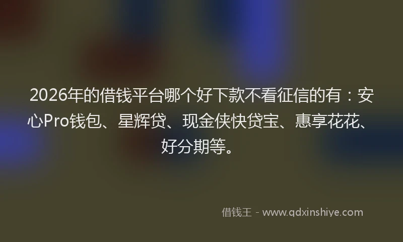 2026年的借钱平台哪个好下款不看征信的有：安心Pro钱包、星辉贷、现金侠快贷宝、惠享花花、好分期等。