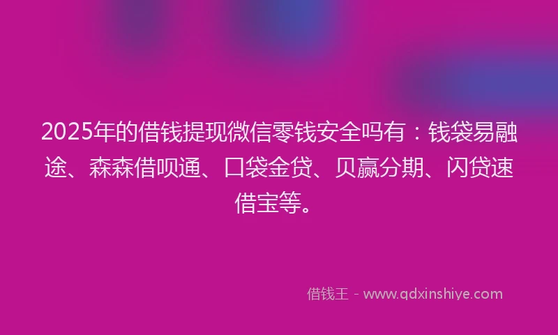 2025年的借钱提现微信零钱安全吗有:钱袋易融途、森森借呗通、口袋金贷、贝赢分期、闪贷速借宝等。