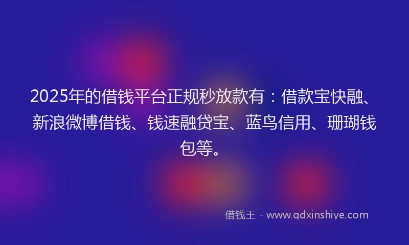 2025年的借钱平台正规秒放款有：借款宝快融、新浪微博借钱、钱速融贷宝、蓝鸟信用、珊瑚钱包等。