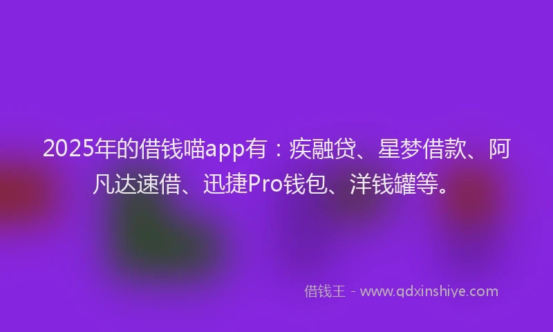 2025年的借钱喵app有：疾融贷、星梦借款、阿凡达速借、迅捷Pro钱包、洋钱罐等。