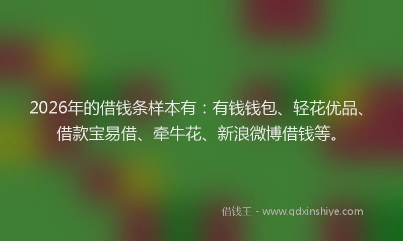 2026年的借钱条样本有：有钱钱包、轻花优品、借款宝易借、牵牛花、新浪微博借钱等。