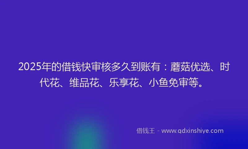 2025年的借钱快审核多久到账有:蘑菇优选、时代花、维品花、乐享花、小鱼免审等。