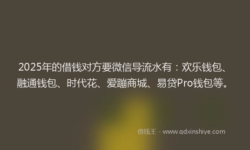 2025年的借钱对方要微信导流水有:欢乐钱包、融通钱包、时代花、爱蹦商城、易贷Pro钱包等。