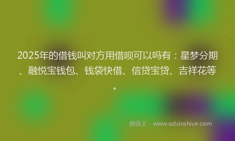 2025年的借钱叫对方用借呗可以吗有:星梦分期、融悦宝钱包、钱袋快借、信贷宝贷、吉祥花等。