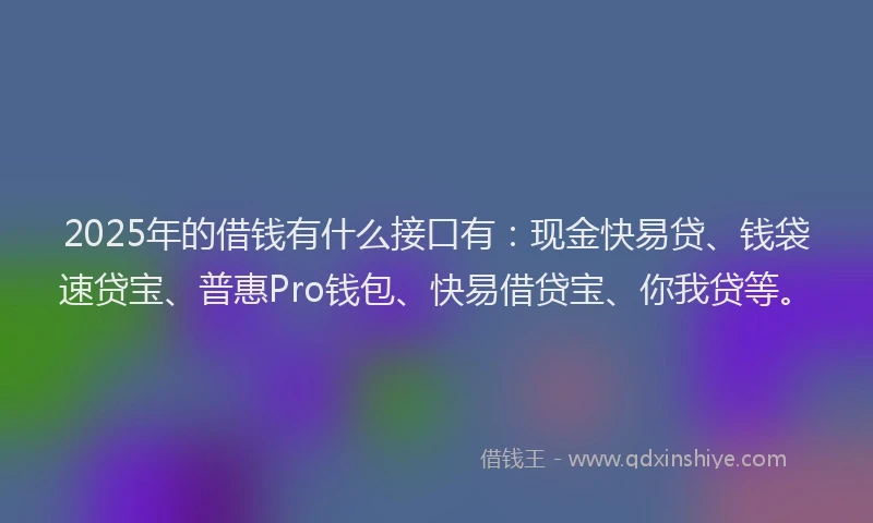 2025年的借钱有什么接口有:现金快易贷、钱袋速贷宝、普惠Pro钱包、快易借贷宝、你我贷等。
