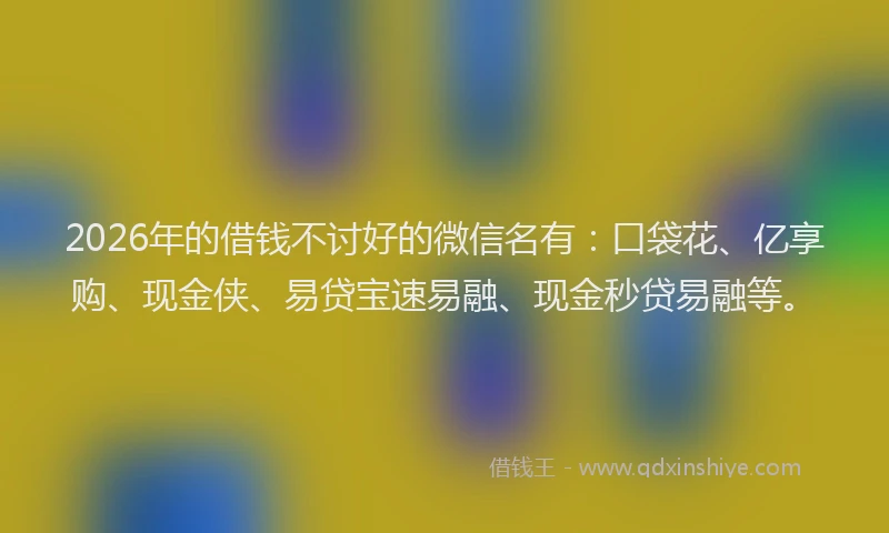 2026年的借钱不讨好的微信名有:口袋花、亿享购、现金侠、易贷宝速易融、现金秒贷易融等。