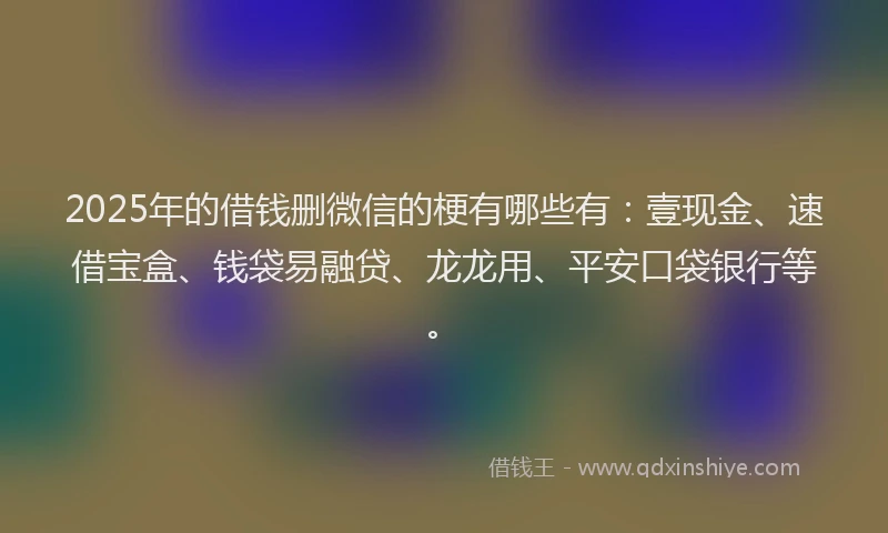 2025年的借钱删微信的梗有哪些有：壹现金、速借宝盒、钱袋易融贷、龙龙用、平安口袋银行等。