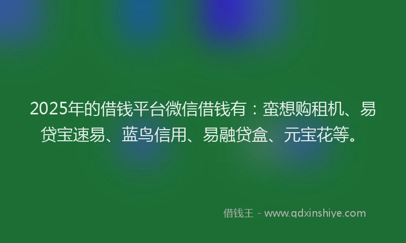 2025年的借钱平台微信借钱有：蛮想购租机、易贷宝速易、蓝鸟信用、易融贷盒、元宝花等。