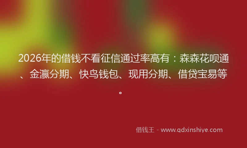 2026年的借钱不看征信通过率高有:森森花呗通、金瀛分期、快鸟钱包、现用分期、借贷宝易等。