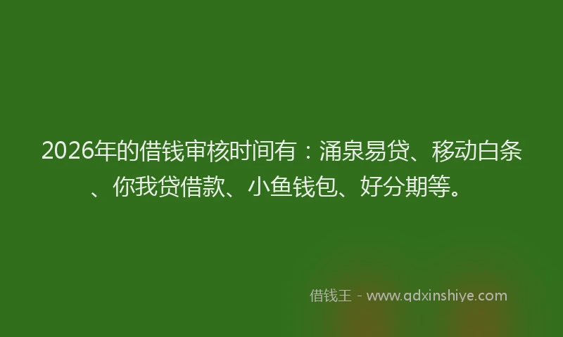 2026年的借钱审核时间有:涌泉易贷、移动白条、你我贷借款、小鱼钱包、好分期等。