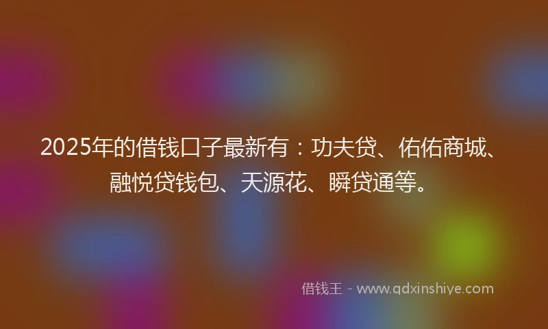 2025年的借钱口子最新有:功夫贷、佑佑商城、融悦贷钱包、天源花、瞬贷通等。