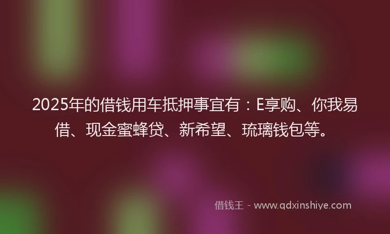 2025年的借钱用车抵押事宜有：E享购、你我易借、现金蜜蜂贷、新希望、琉璃钱包等。
