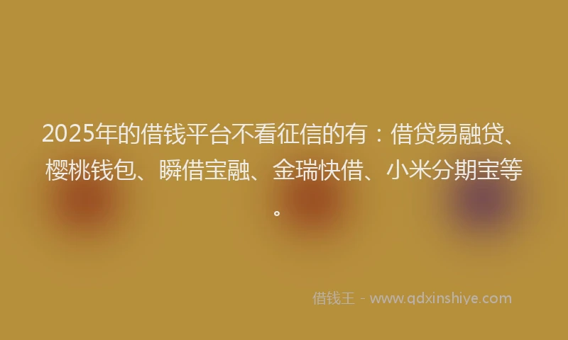 2025年的借钱平台不看征信的有：借贷易融贷、樱桃钱包、瞬借宝融、金瑞快借、小米分期宝等。