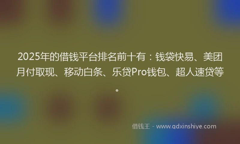 2025年的借钱平台排名前十有：钱袋快易、美团月付取现、移动白条、乐贷Pro钱包、超人速贷等。
