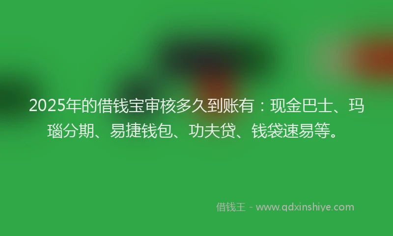 2025年的借钱宝审核多久到账有:现金巴士、玛瑙分期、易捷钱包、功夫贷、钱袋速易等。