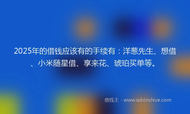 2025年的借钱应该有的手续有：洋葱先生、想借、小米随星借、享来花、琥珀买单等。