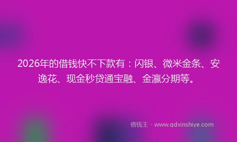2026年的借钱快不下款有:闪银、微米金条、安逸花、现金秒贷通宝融、金瀛分期等。