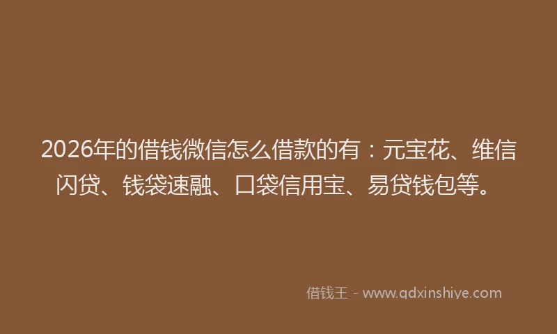 2026年的借钱微信怎么借款的有:元宝花、维信闪贷、钱袋速融、口袋信用宝、易贷钱包等。