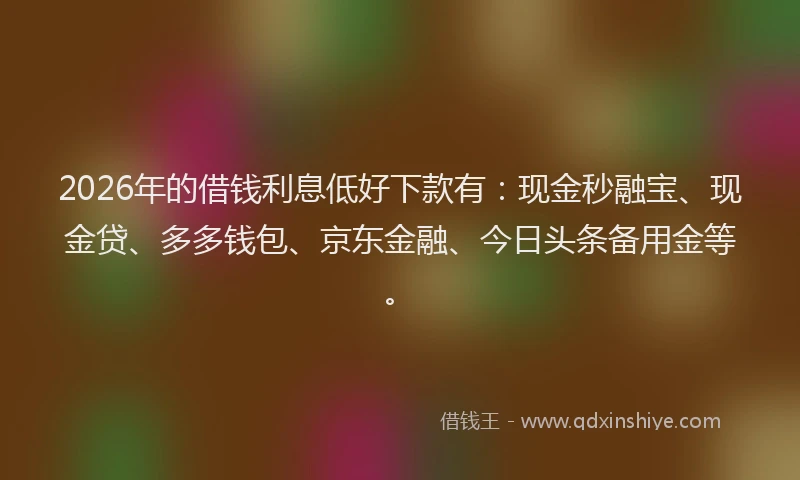 2026年的借钱利息低好下款有：现金秒融宝、现金贷、多多钱包、京东金融、今日头条备用金等。