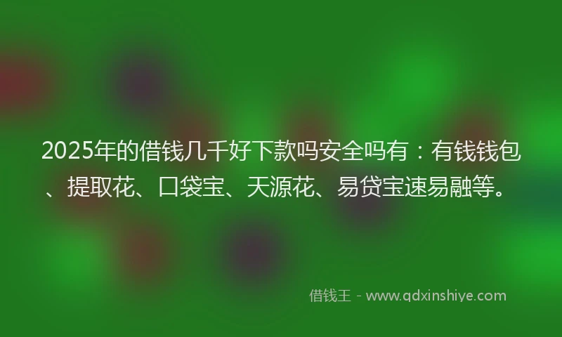 2025年的借钱几千好下款吗安全吗有：有钱钱包、提取花、口袋宝、天源花、易贷宝速易融等。