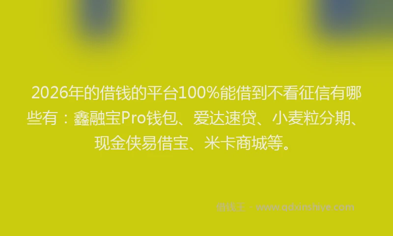 2026年的借钱的平台100%能借到不看征信有哪些有：鑫融宝Pro钱包、爱达速贷、小麦粒分期、现金侠易借宝、米卡商城等。