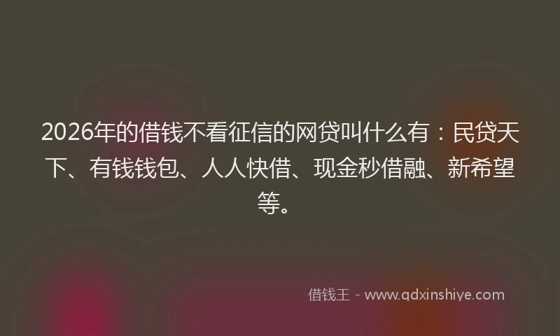 2026年的借钱不看征信的网贷叫什么有：民贷天下、有钱钱包、人人快借、现金秒借融、新希望等。