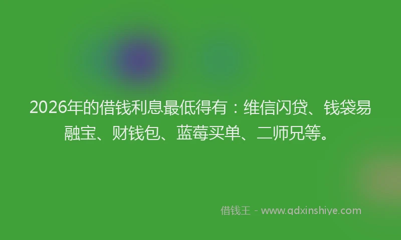 2026年的借钱利息最低得有：维信闪贷、钱袋易融宝、财钱包、蓝莓买单、二师兄等。