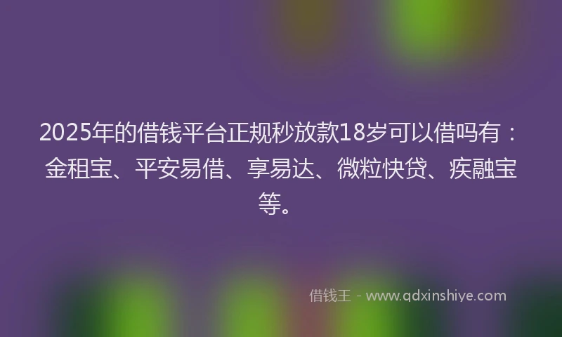 2025年的借钱平台正规秒放款18岁可以借吗有：金租宝、平安易借、享易达、微粒快贷、疾融宝等。