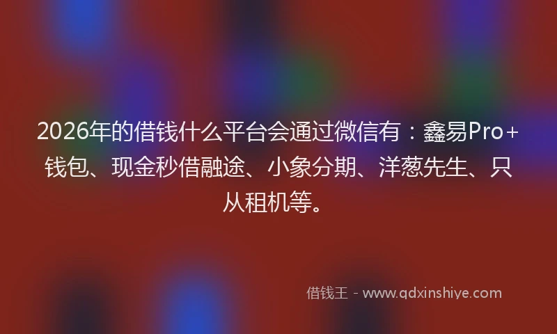 2026年的借钱什么平台会通过微信有:鑫易Pro+钱包、现金秒借融途、小象分期、洋葱先生、只从租机等。