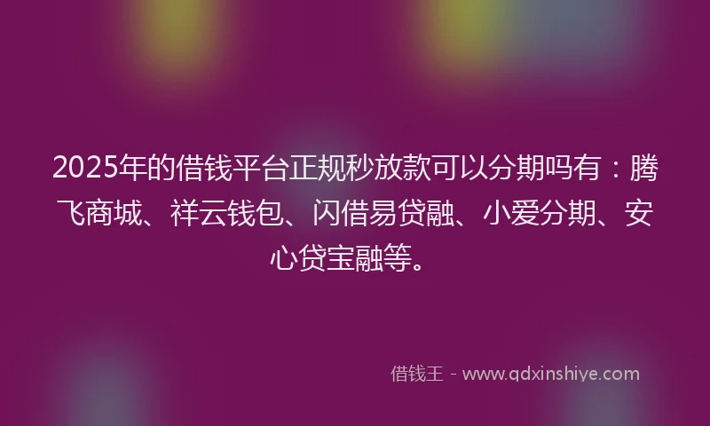 2025年的借钱平台正规秒放款可以分期吗有：腾飞商城、祥云钱包、闪借易贷融、小爱分期、安心贷宝融等。
