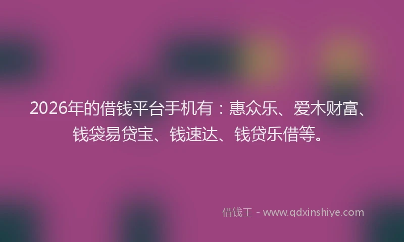 2026年的借钱平台手机有：惠众乐、爱木财富、钱袋易贷宝、钱速达、钱贷乐借等。