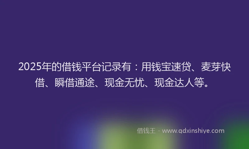 2025年的借钱平台记录有：用钱宝速贷、麦芽快借、瞬借通途、现金无忧、现金达人等。
