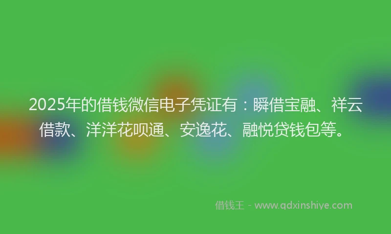 2025年的借钱微信电子凭证有：瞬借宝融、祥云借款、洋洋花呗通、安逸花、融悦贷钱包等。