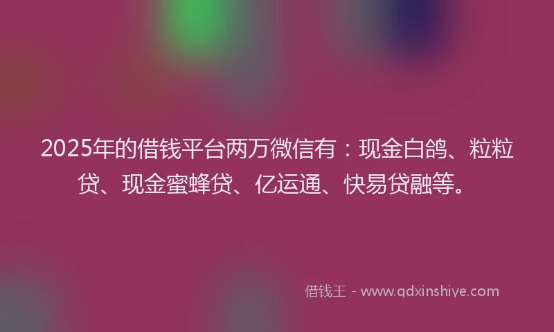 2025年的借钱平台两万微信有：现金白鸽、粒粒贷、现金蜜蜂贷、亿运通、快易贷融等。
